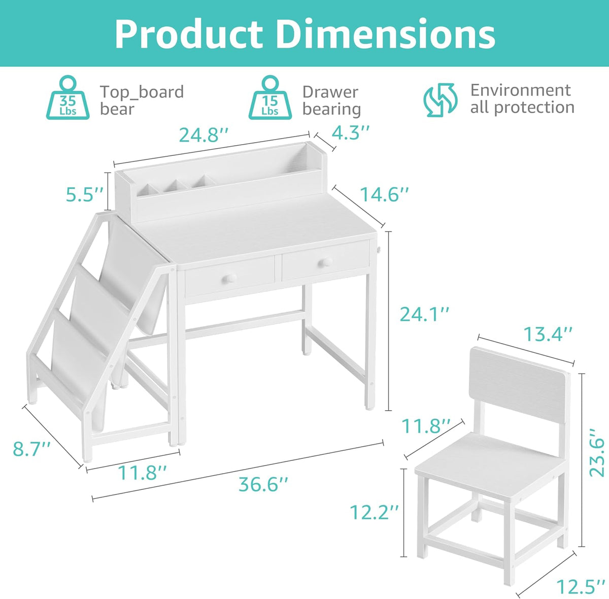White Kids Desk and Chair Set for 5-8 Year Old Girls Boys, Small Child Desk with Bookshelf, Children Study Table with Fabric Drawer and Storage