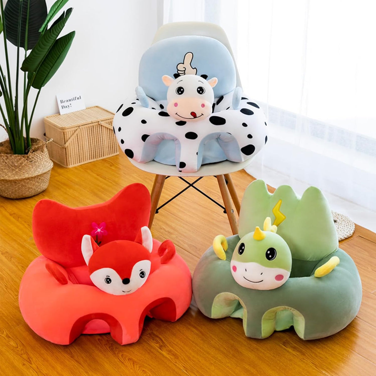 Baby Seat for Babies 3 Months & Up, Sit Me Up Floor Seat for Infants, Cartoon Back Head Support Sitting Infant Sofa, Toddler Plush Animal Shaped Learning Sitting Up Chair (Cow)