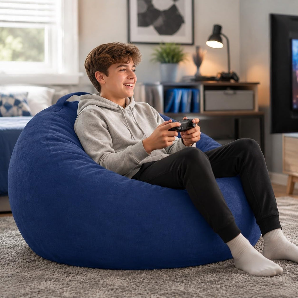 Lekit Blue Bean Bag Chair for Teens and Kids, 33.5 x 33 x 24 Inch Velvet Cartoon and Chenille Beanbag Sofa with Foam and PP Cotton Fill, Soft Comfy Lounge C