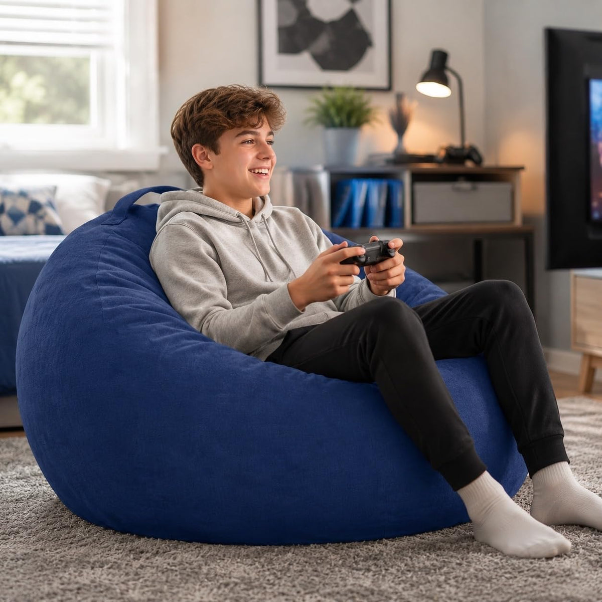 Lekit Blue Bean Bag Chair for Teens and Kids, 33.5 x 33 x 24 Inch Velvet Cartoon and Chenille Beanbag Sofa with Foam and PP Cotton Fill, Soft Comfy Lounge C