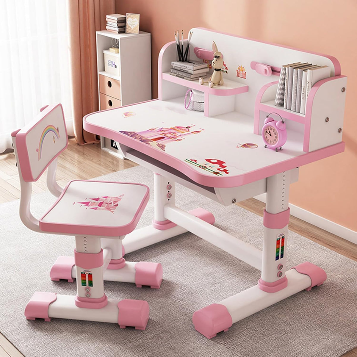 Kids Desk and Chair Set, Study Table and Chair, Desk for Kids, Children's Desks with Golden Distance Design, Homeschooling Writing Desk with Desktop for Boys and Girls (Pink 3)