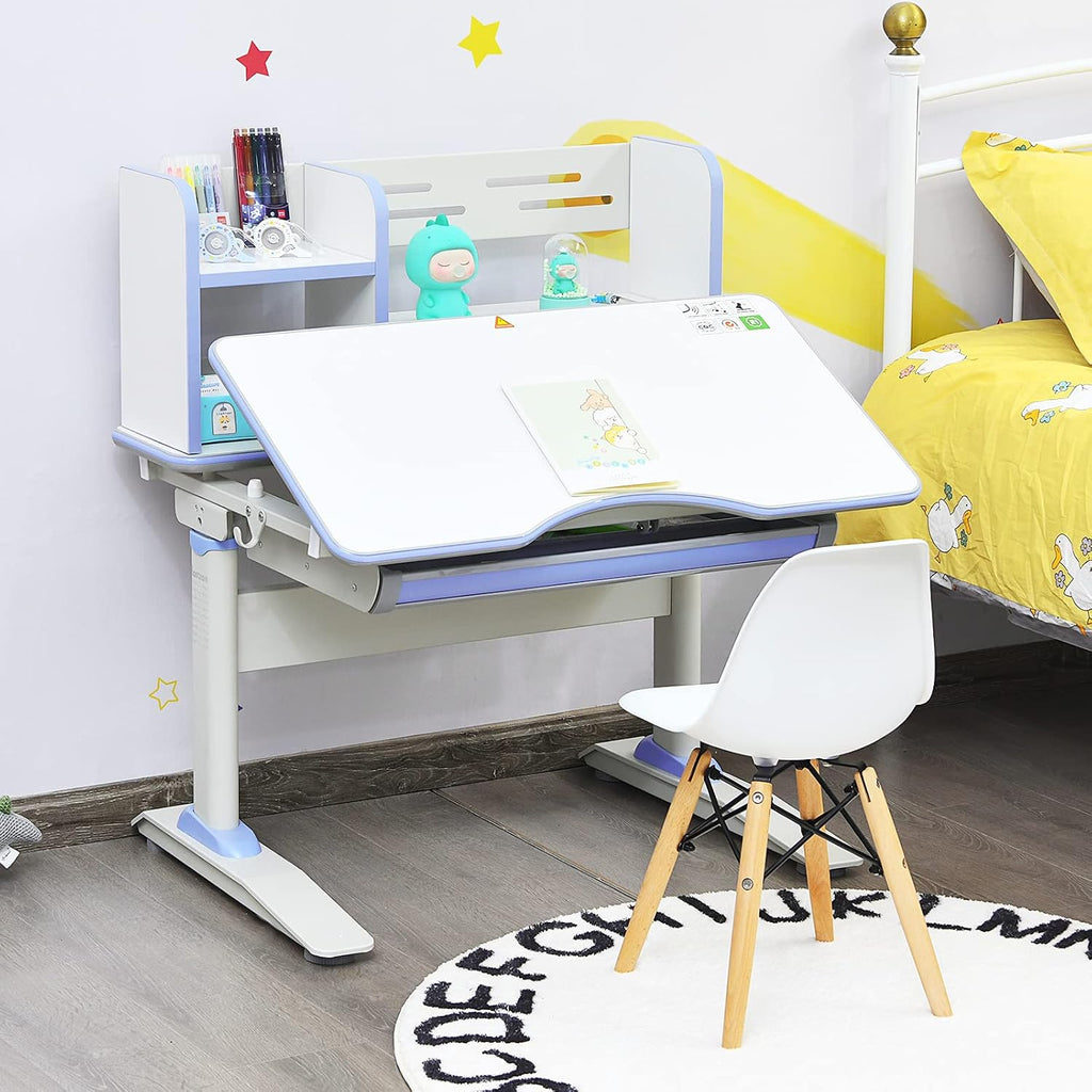 Costzon Kids Desk, Height Adjustable Children Study Desk w/Tilt Desktop, Storage Drawer, Book Shelf, Metal Hook, Writable Tabletop for Writing, Painting, Reading, Multifunctional Student Desk, Blue