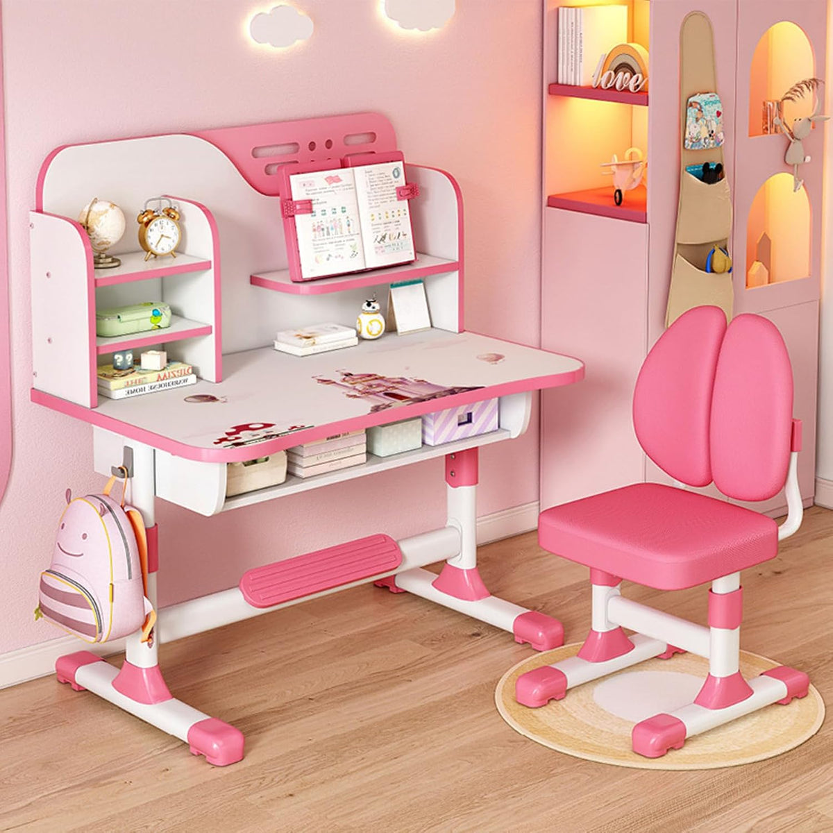 Talent Star Kids Desk and Chair Set,Adjustable Girls School Writing Study Table,Ergonomic Desk Chair with Large Writing Board Pull Out Drawer Book Stand (Pink & Blue) (Pink)
