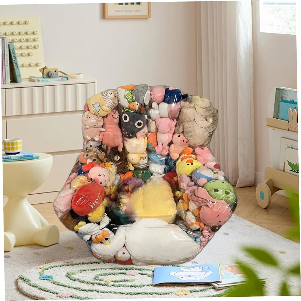 Bean Bag Stuffed Animal Storage Organizer Waterproof Clear PVC Bean Bag Chair with Zipper Stuffable for Kids Room Plush Toy Storage Toddler Seat and Playroom Organization