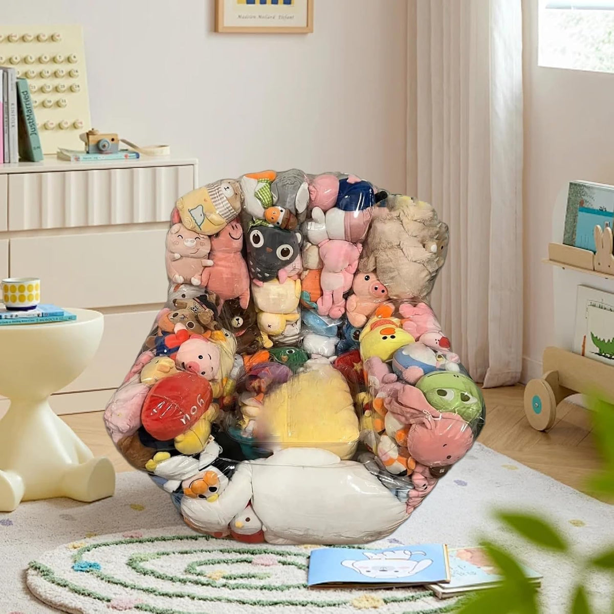 Bean Bag Stuffed Animal Storage Waterproof PVC Clear Bean Bag with Zipper Stuffable for Kids Toddler Armchair for Organizing Kids Rooms Stuffed Animal Storage Toy Bags Bath Toy