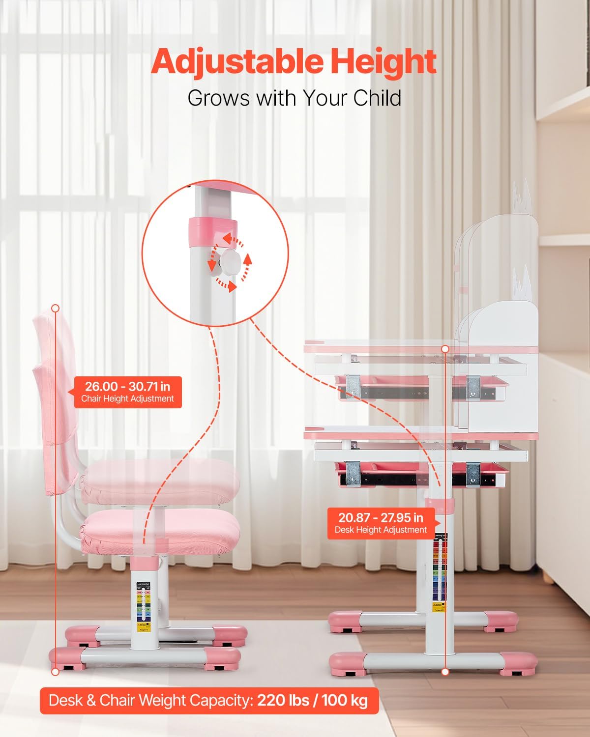 VEVOR Kids Study Chair and Desk Set, Study Desk and Chair for Kids with Bookshelf and Storage Drawer, Adjustable Height Kids Study Desk with Chair, Children Study Table for Bedroom & Study Room, Pink