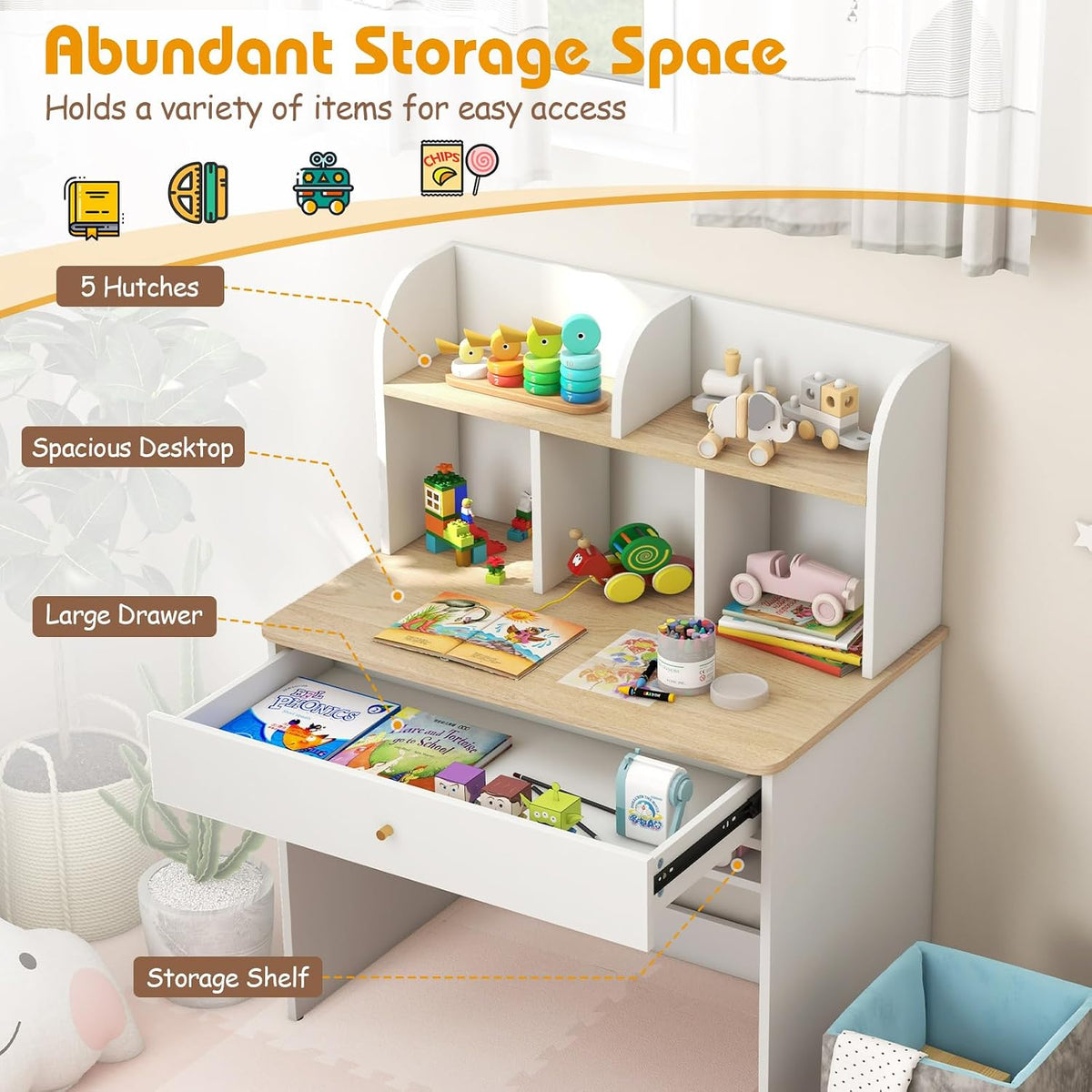 Costzon Kids Desk, Wooden Children Study Desk with Hutch, Large Drawer & Open Storage Shelf for Home School Writing, Reading or Drawing, Student Table Computer Workstation for 3+ Boys Girls (White)