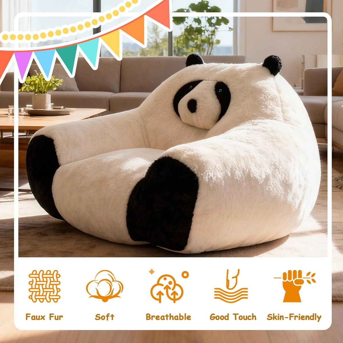 Majnesvon Panda Kid Bean Bag with Filler, Small Beanbags for Kids, Fluffy Bean Bag Chair & Single Seat Sofa for Bedroom Living Room Children's Room