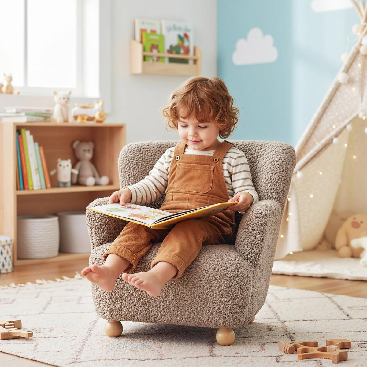 HONEY JOY Toddler Couch, Comfy Kids Chair w/Solid Wooden Frame & Sherpa Fabric, Upholstered Armchair Preschool Furniture, Baby Couch for Playroom, Kids Sofa for Girls Boys (Brown)