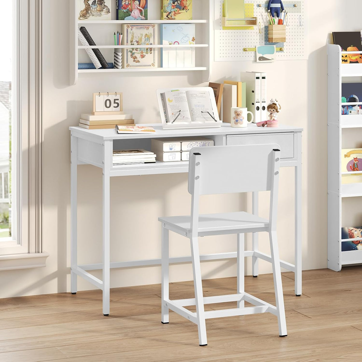 MAHANCRIS Kids Desk and Chair Set, Student Writing Desk, Kids Study Desk with Book Sorter and Fabric Drawer, Kids Wooden Study Table, for Study, Kids Room, Bedroom, White KDBW11901N1