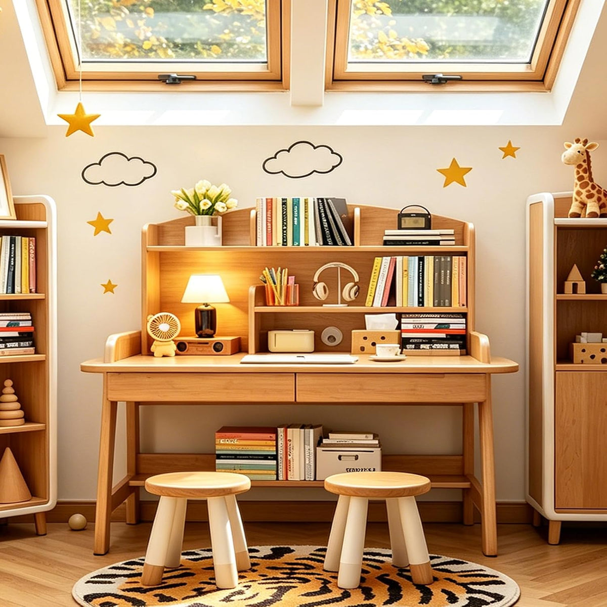 Solid Wood Desk with Hutch, 36.6" Home Office Writing Desk with 2 Drawers & Open Bookshelf, Study Table with Rounded Edges & Thickened Panel, Ideal for Kids/Adults Bedroom, Small Space