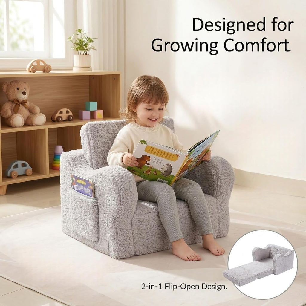 MOMCAYWEX Kids Sofa Chair, 2-in-1 Foldable Couch, Sherpa, Grey