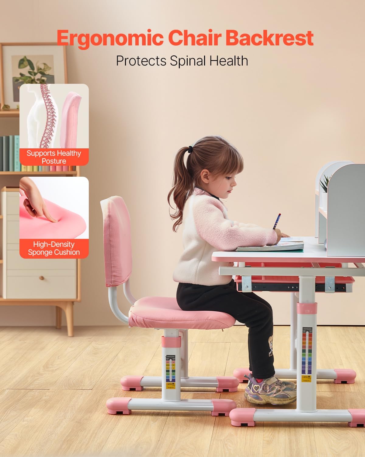 VEVOR Kids Study Chair and Desk Set, Study Desk and Chair for Kids with Bookshelf and Storage Drawer, Adjustable Height Kids Study Desk with Chair, Children Study Table for Bedroom & Study Room, Pink