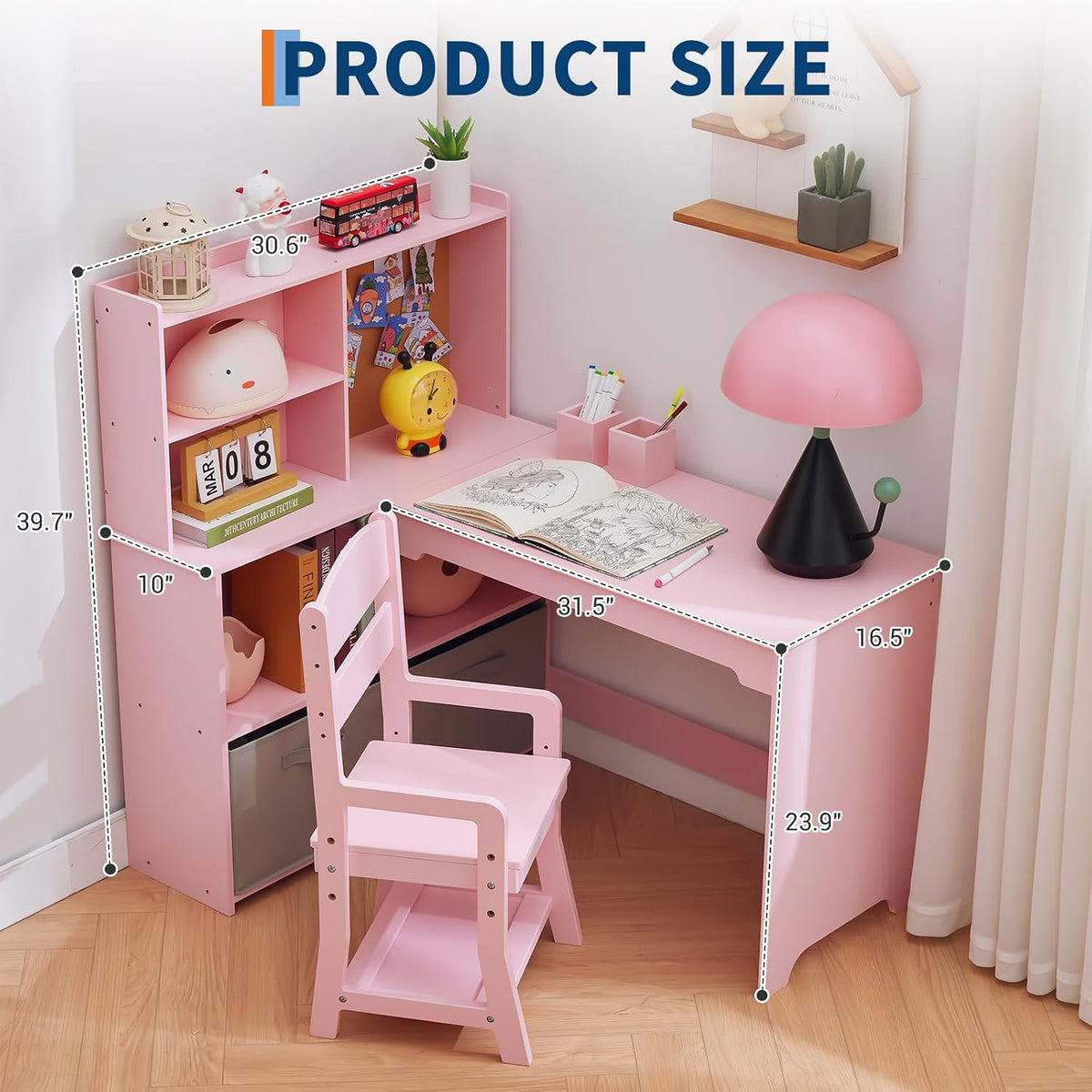 IDEALHOUSE Space-Saving L-Shaped Kids Desk and Chair Set,Pink