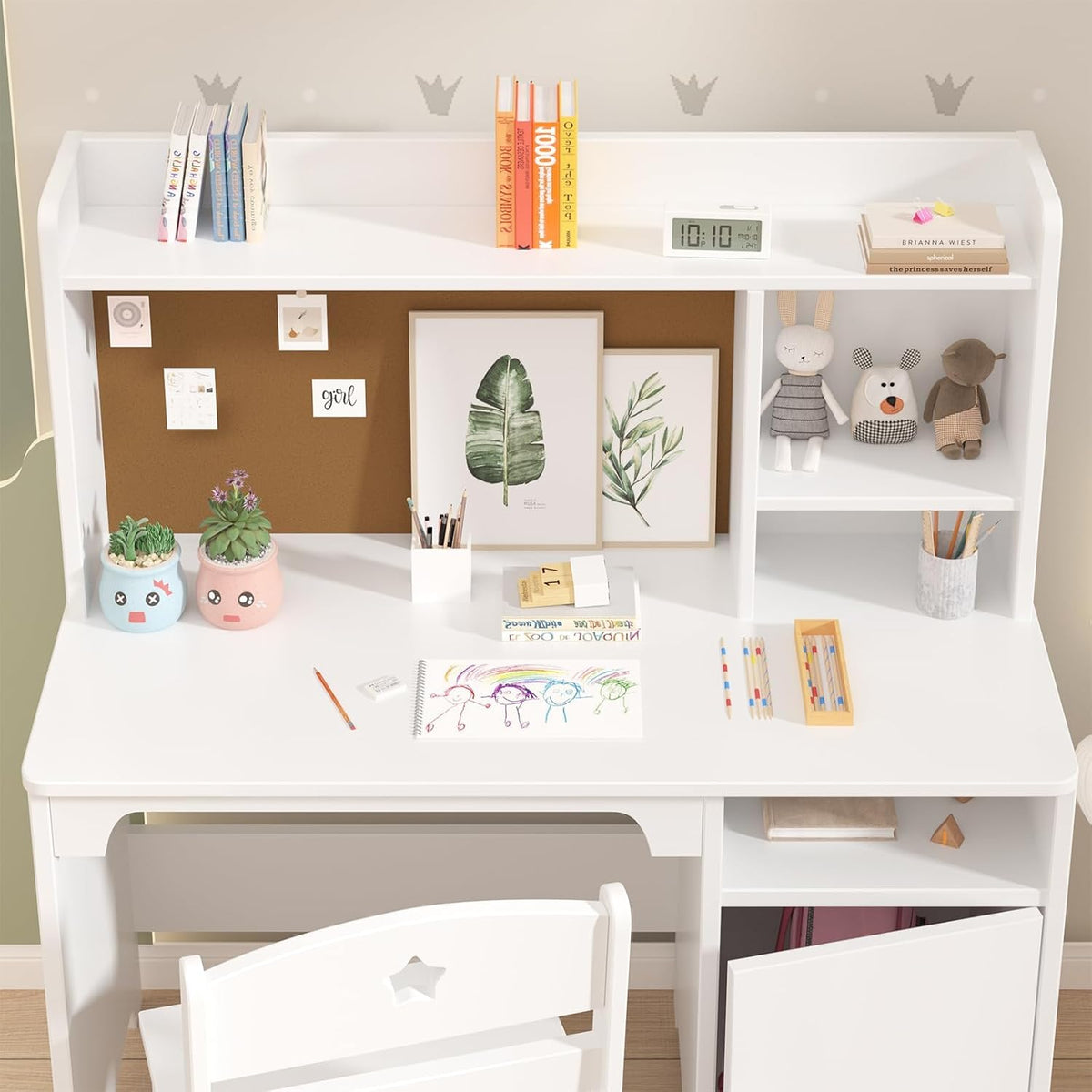 GarveeHome Kids Wooden Desk Chair Set Hutch Storage Workstation