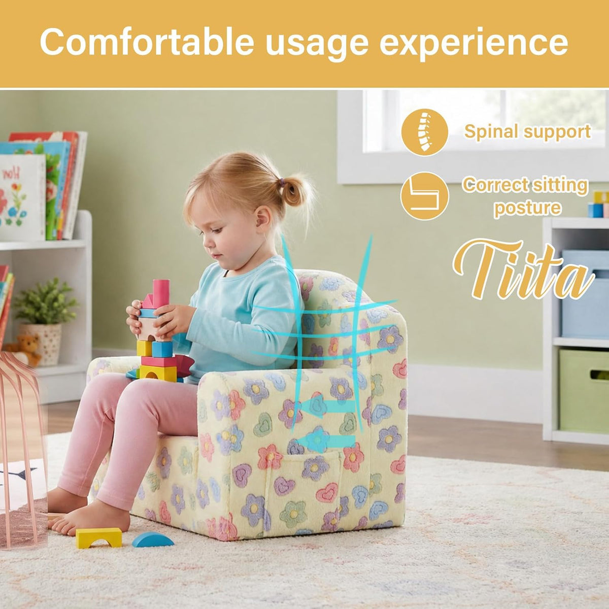 Tiita Kids Sofa, Childrens Couch with Carry Handle, Portable Toddler Foam Sofa Couch, Glow in The Dark Nursery Kids Couch, Lightweight Kids Chair for Playroom, Dorm Room, Small Space, Flower