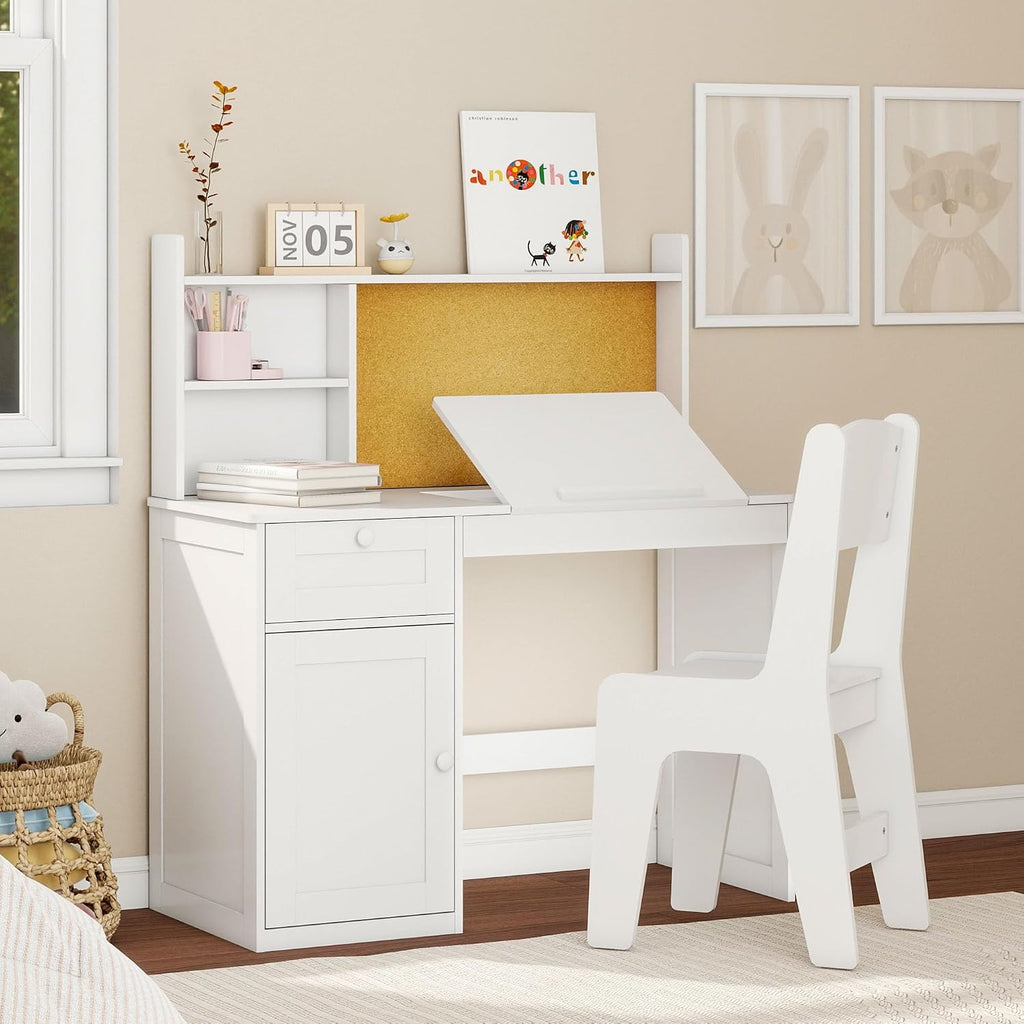 Kids Desk and Chair Set with 0-105° Tiltable Desktop for Ages 5-12, White