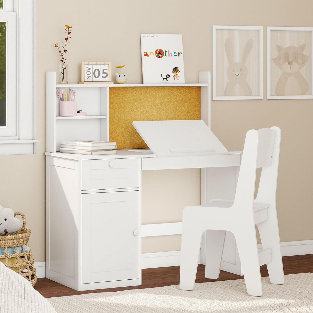 Kids Desk and Chair Set with 0-105° Tiltable Desktop for Ages 5-12, White