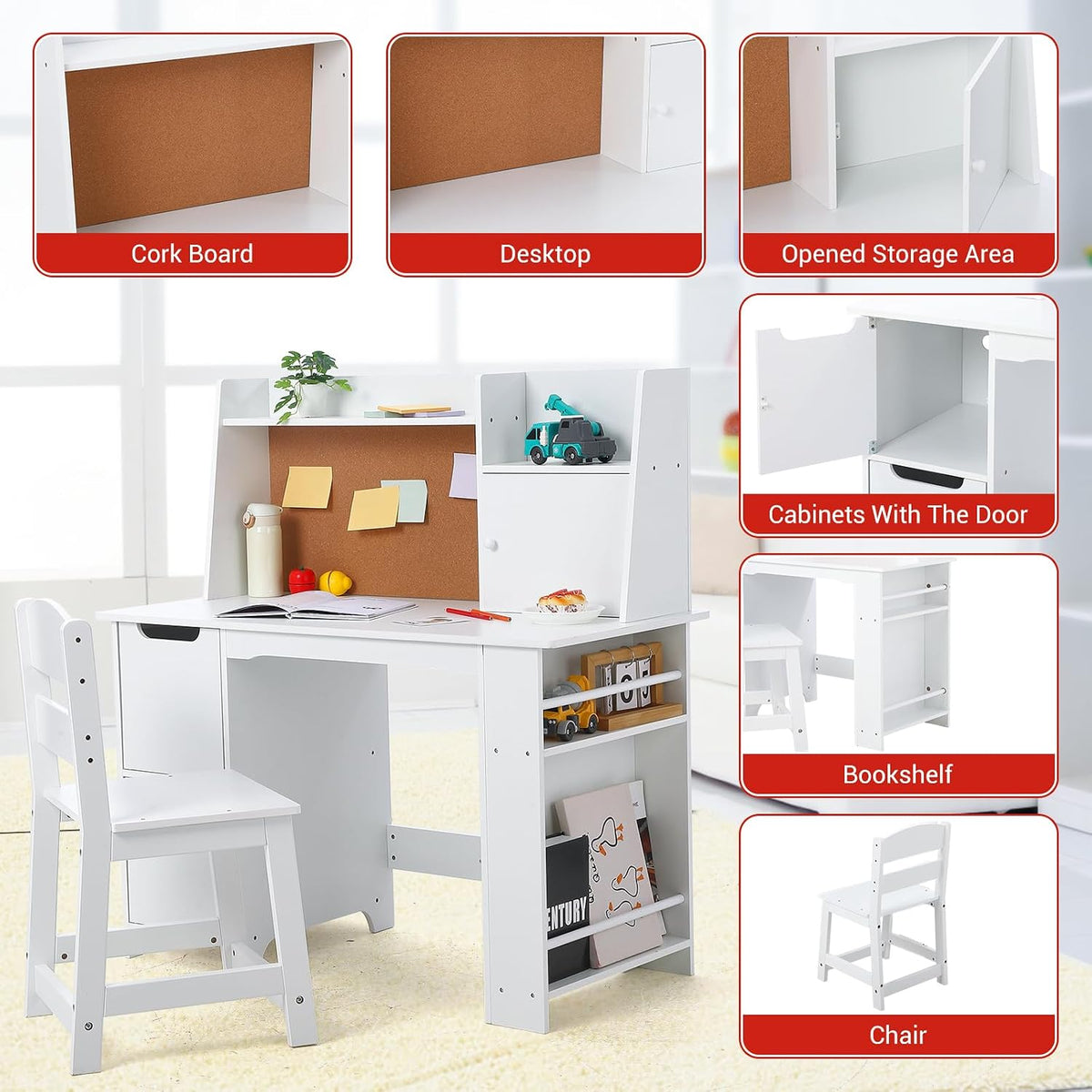 Garvee Kids Desk and Chair Set, Wooden Study Table for 3-8 Yrs