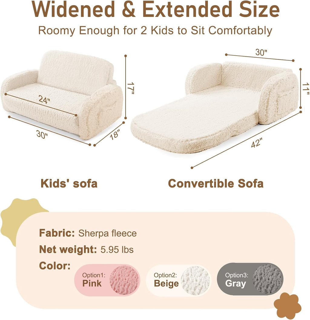 little dove 2-in-1 Sherpa Fold Out Kids Couch, Extra Wide Comfy Kid Chair, Convertible Kids Sofa, Foldable Kid Couch with High Density Foam for Boys & Girls, Beige