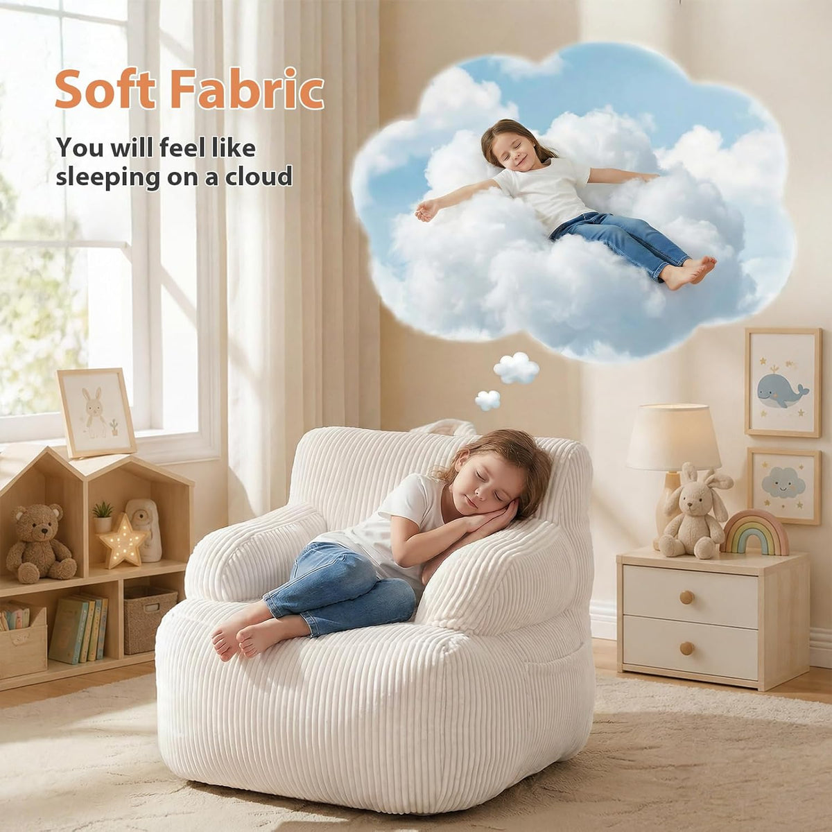 Bean Bag Chairs for Kids, Comfy Bean Bag Sofa for Boys & Girls, Beige