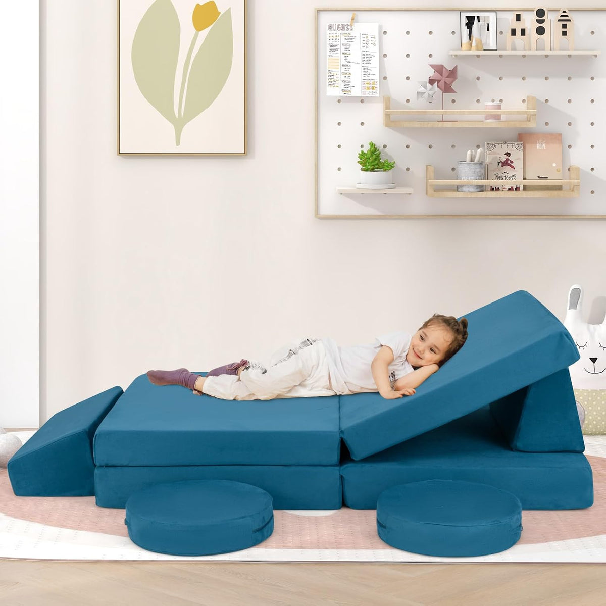 INFANS Modular Kids Play Couch, 6 PCS Toddler Creative Sectional Fort Building Sofa for Playroom, Bedroom, Children Convertible Soft Foam Furniture Playset and Floor Cushion for Boys and Girls