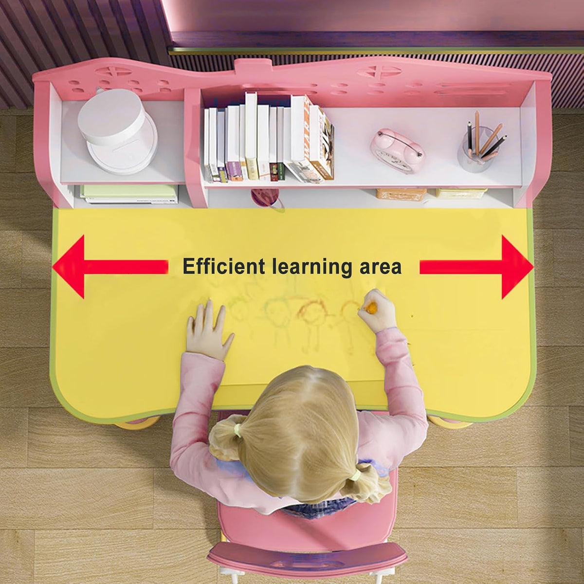 Kids Functional Desk and Chair Set, Height Adjustable Children School Study Desk with Storage Drawer for Boys Girls (Pink)