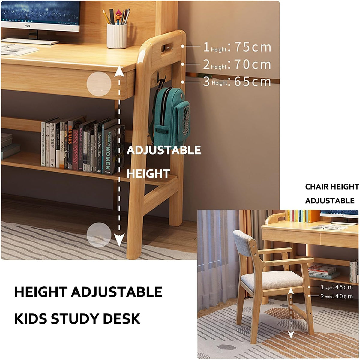 Kids Desk with Bookshelf, Height Adjustable Childrens Desk and Chair Set for 8-12 Year Old, Student Desk with Shelves, Drawer and Hooks, Large Storage Walnut Color 100cm Desk