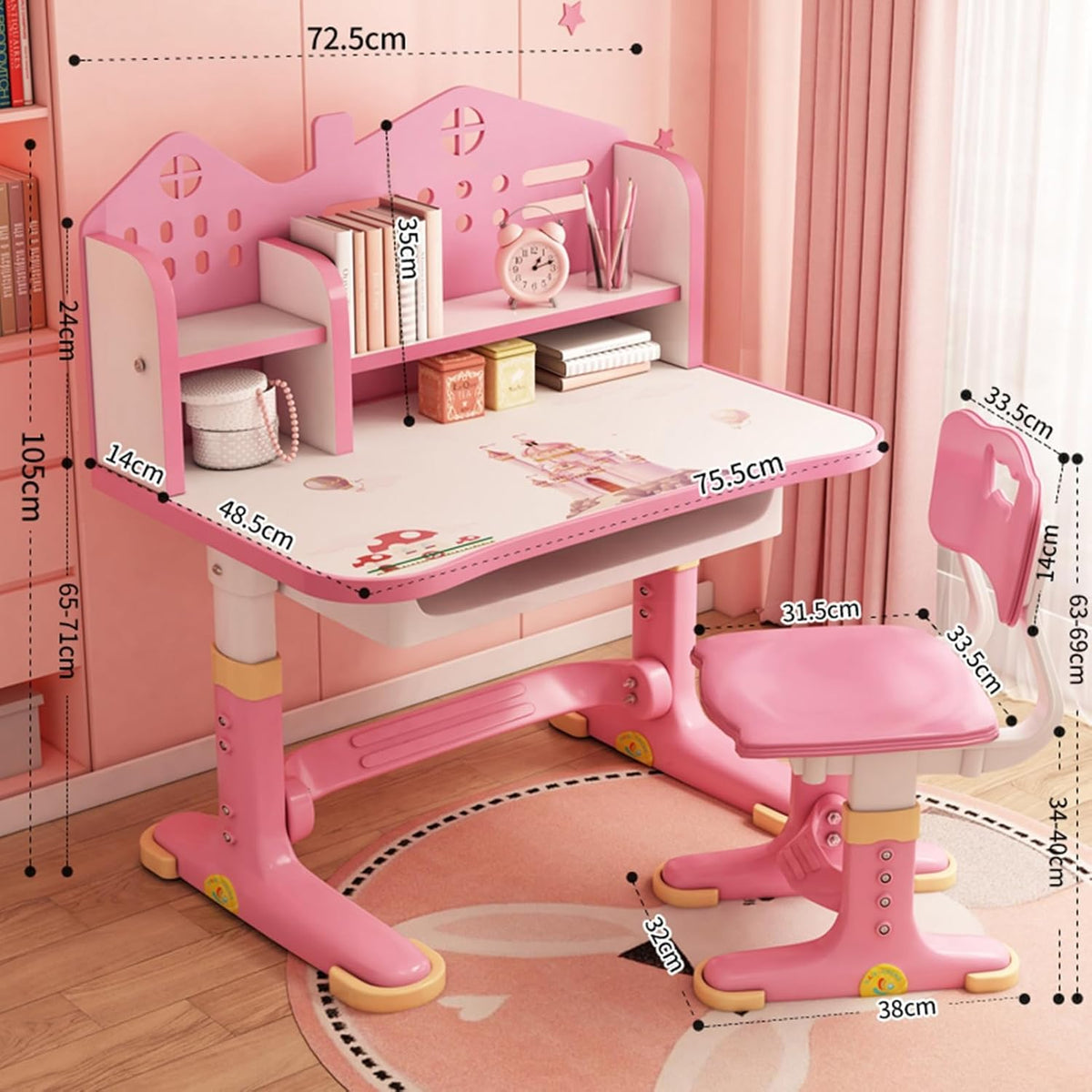 Kids Functional Desk and Chair Set, Height Adjustable Children School Study Desk with Storage Drawer for Boys Girls (Pink)