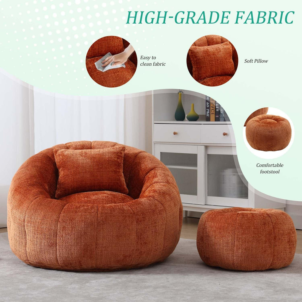 Round Cloud Bean Bag Chair, Leisure Floor Single Seater with Ottoman, Plush Chenille Sofa Chair, Lazy Bean Bag Chairs for Bedroom, Apartment and Living Room (Orange)
