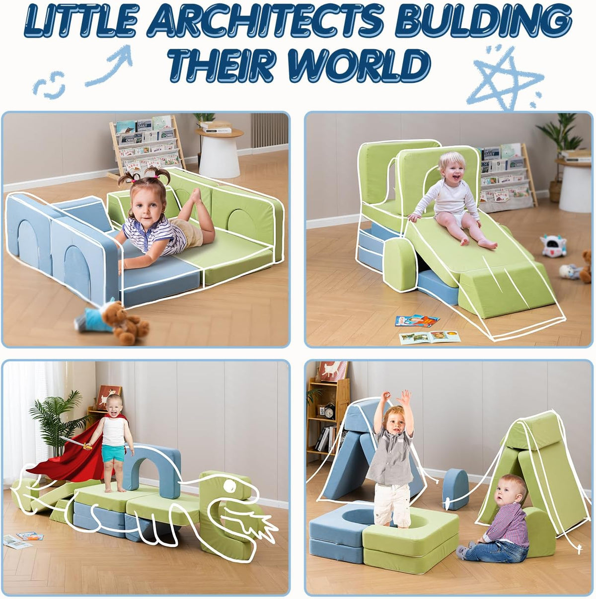 CAPAKIDS Kids Couch with 1000+ Building Options, Blue/Green