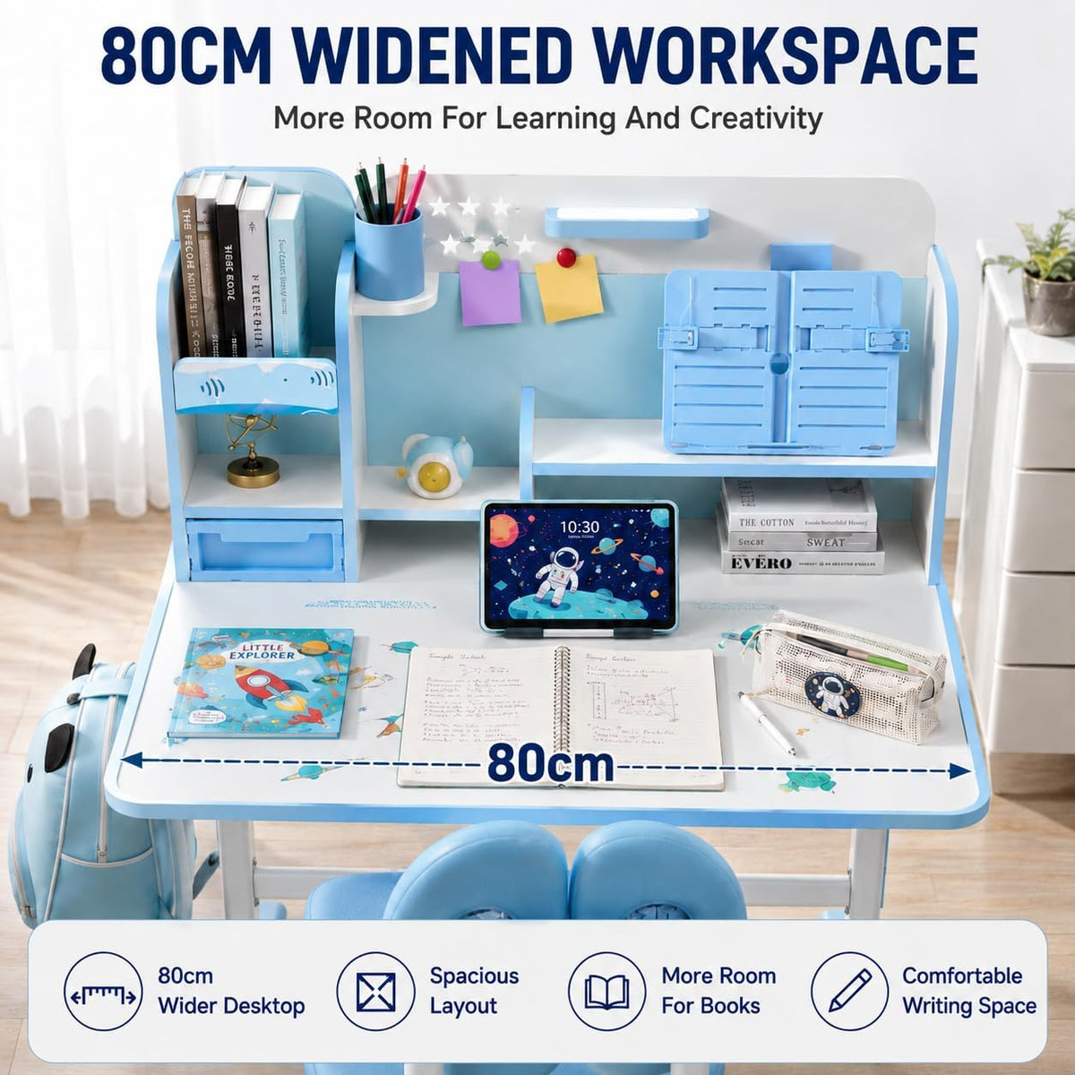 Kids Study Desk and Chair Set, Height Adjustable Kids Study Desk with Storage Drawer Bookstand,Ergonomic Desk for Kids with Desktop Children Study Desk Blue