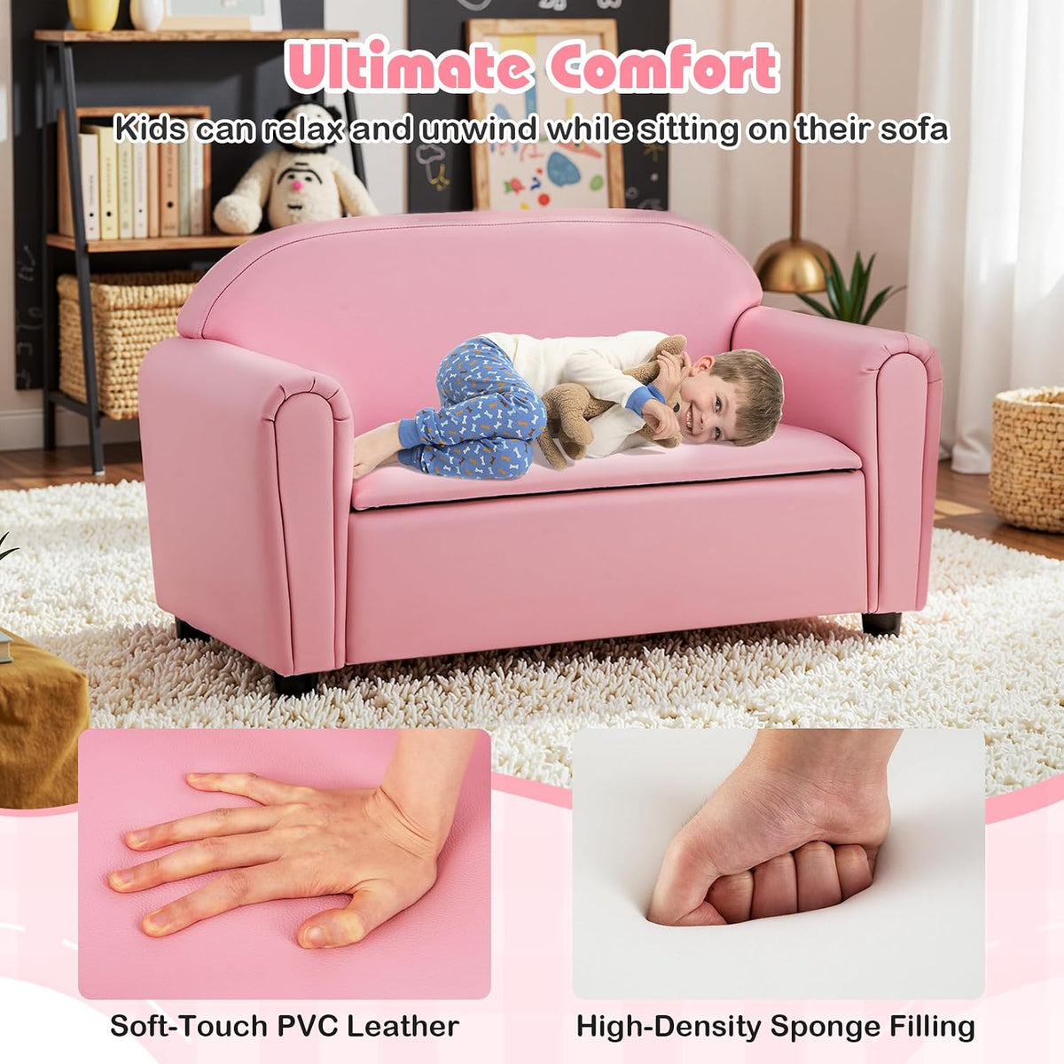 HONEY JOY Kids Sofa, 2 Seats Couch Armrest Chair, Toddler Lounge Bed with Wood Frame, Storage Box, Children Sized Sofa for Living Room, Bedroom (Pink)