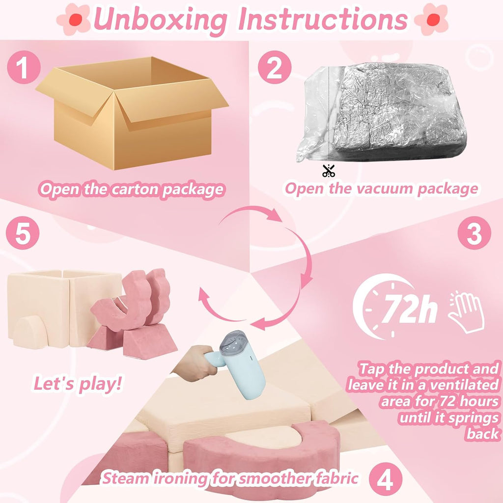 10-Piece Mini Kids Play Couch, Modular Flower Foam Sofa, Convertible Soft Play Sofa with Washable Cover, Indoor Climbing Furniture for Playroom, Pink & Beige