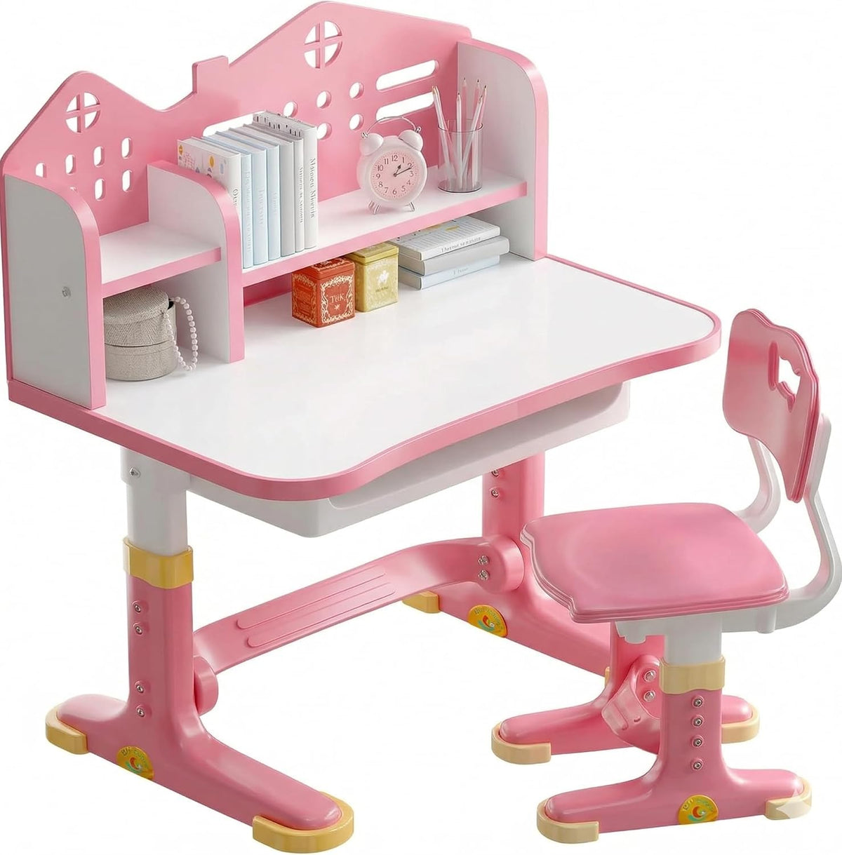 Kids Study Desk and Chair Set, Height Adjustable Children School Study Desk with Castle Backboard,Ergonomic Small Desks Widened Desktop, Study Table with Bookstand Storage Drawer (Pink)
