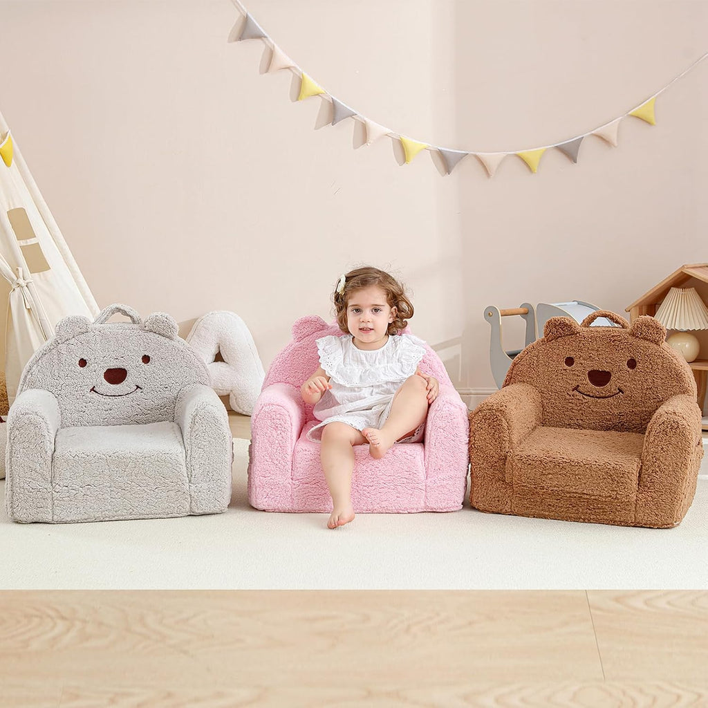 Toddler Chair,Sherpa Bear Toddler Couch Fold Out,Children Reading Chair,Flip Out Kids Couch,Kids Sofa Convertible for Gift (Brown Bear)