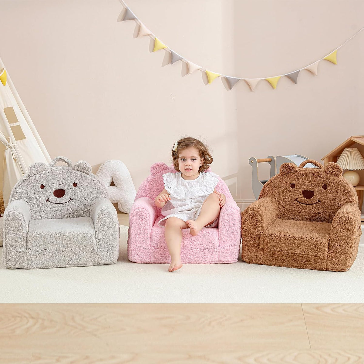 Toddler Chair,Sherpa Bear Toddler Couch Fold Out,Children Reading Chair,Flip Out Kids Couch,Kids Sofa Convertible for Gift (Brown Bear)