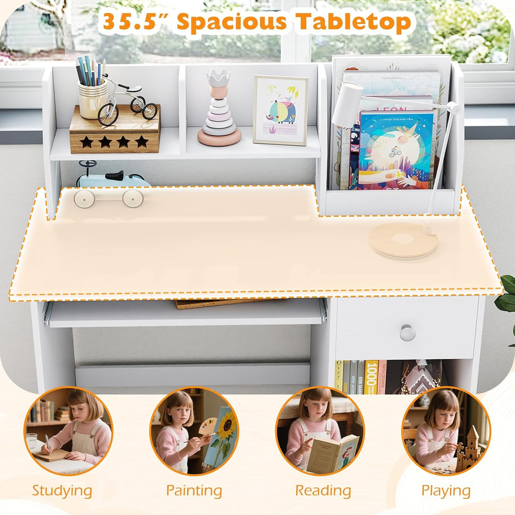 GLACER Kids Desk, Wooden Children Study Table with Hutch, Drawer, Storage Shelves & Keyboard Tray for Home School Writing, Drawing or Reading, White Computer Workstation Writing Table for Girls Boys
