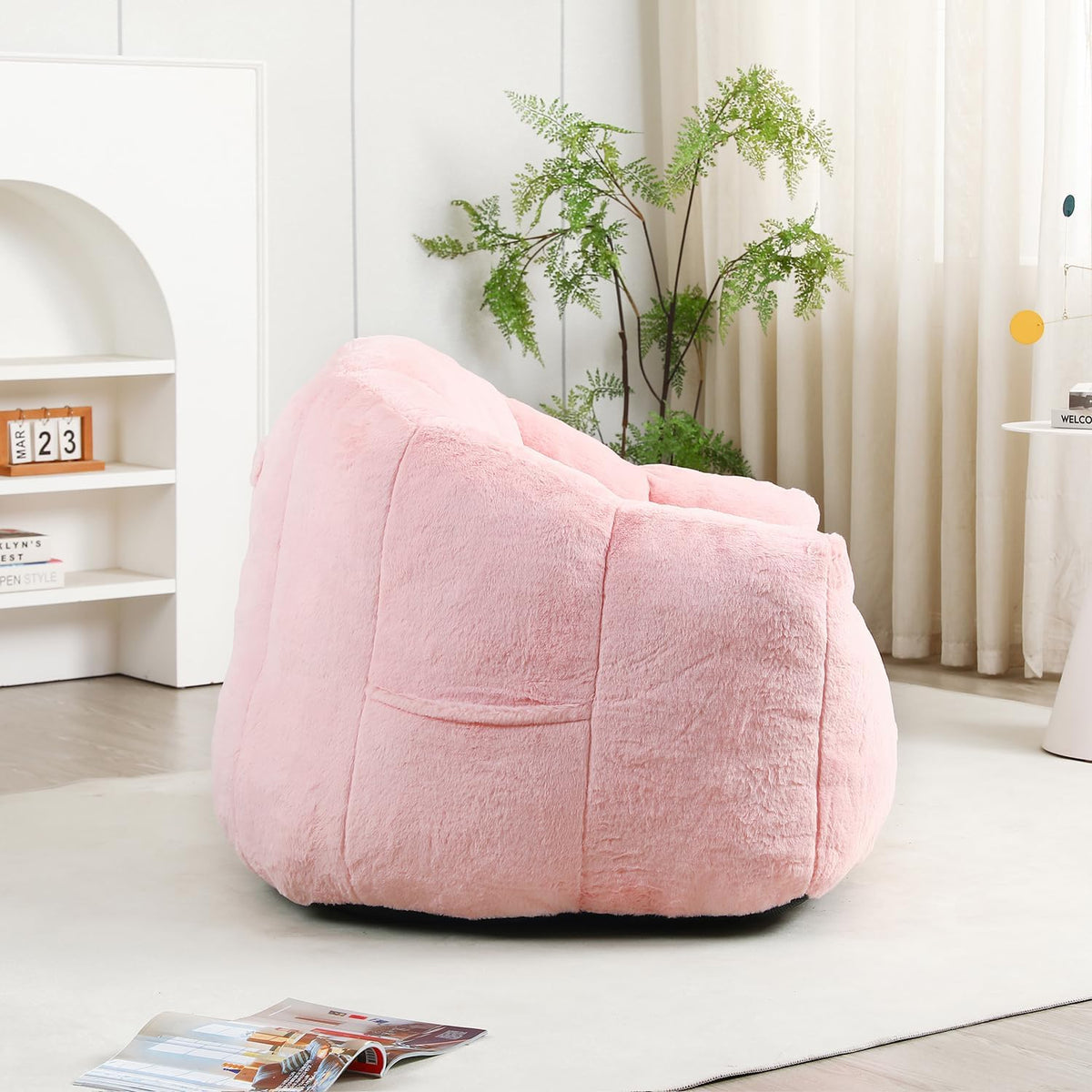 Bean Bag Chair with Arms for Adults - Furry Lazy Sofa, Armrests Stuffed High-Density Foam Filler Chair, Small Cozy Reading in Bedroom Living Room and Dorms (Pink)