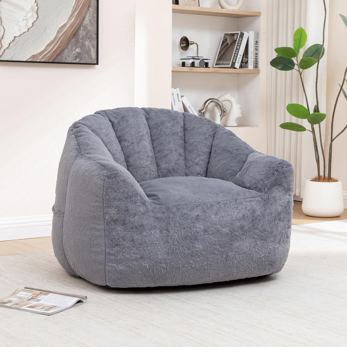 Bean Bag Chair with Arms for Adults - Furry Lazy Sofa, Armrests Stuffed High-Density Foam Filler Chair, Small Cozy Reading in Bedroom Living Room and Dorms (Pink)