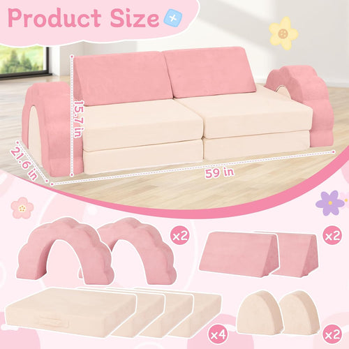 10-Piece Mini Kids Play Couch, Modular Flower Foam Sofa, Convertible Soft Play Sofa with Washable Cover, Indoor Climbing Furniture for Playroom, Pink & Beige