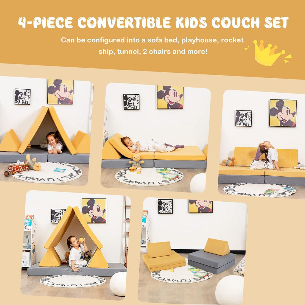 Costzon Kids Couch, 6-Piece Convertible Children's Sofa Playset or 2 Chair w/Folding Mats & 2 Pillows, Washable Cover, Toddler to Teen Bedroom Playroom Boys Girls Birthday (Yellow)
