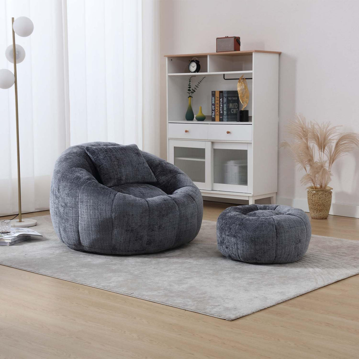 Round Cloud Bean Bag Chair, Leisure Floor Single Seater with Ottoman, Plush Chenille Sofa Chair, Lazy Bean Bag Chairs for Bedroom, Apartment and Living Room (Orange)