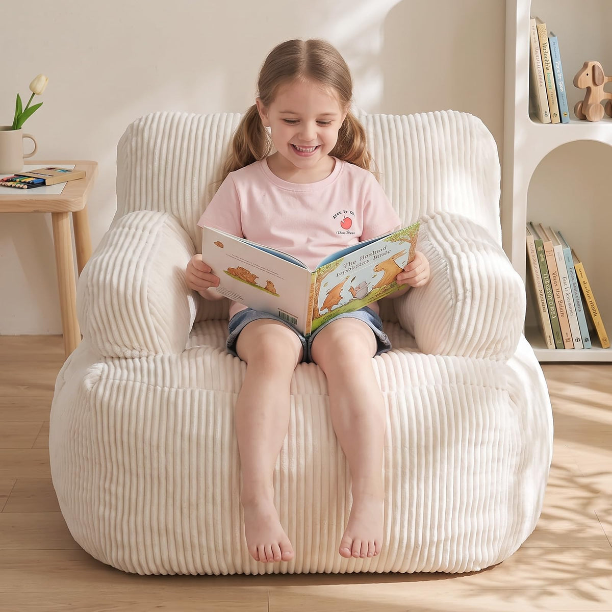 Bean Bag Chairs for Kids, Comfy Bean Bag Sofa for Boys & Girls, Beige