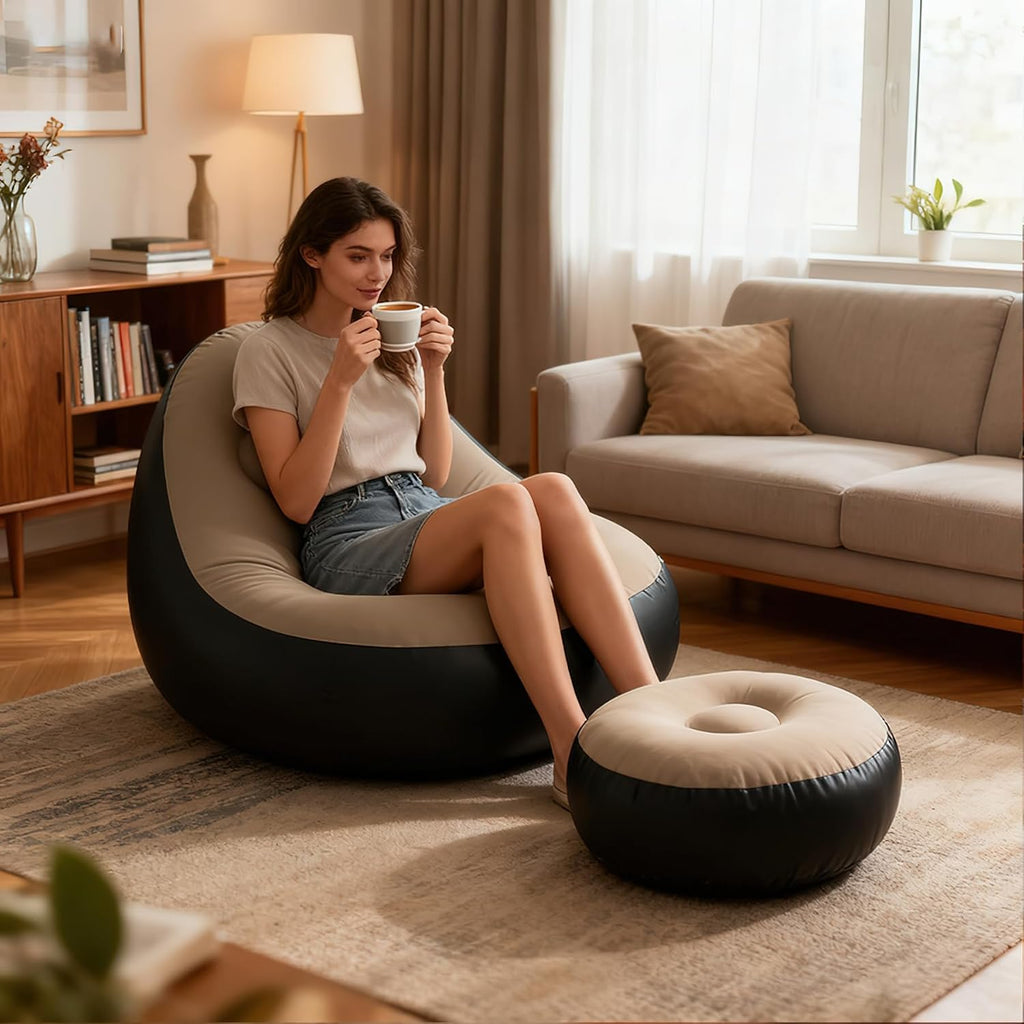 Plush Inflatable Sofa with Foot Pedals, Japanese Lazy Sofa, Thick Seat Cushion, Tatami Style (Brown)