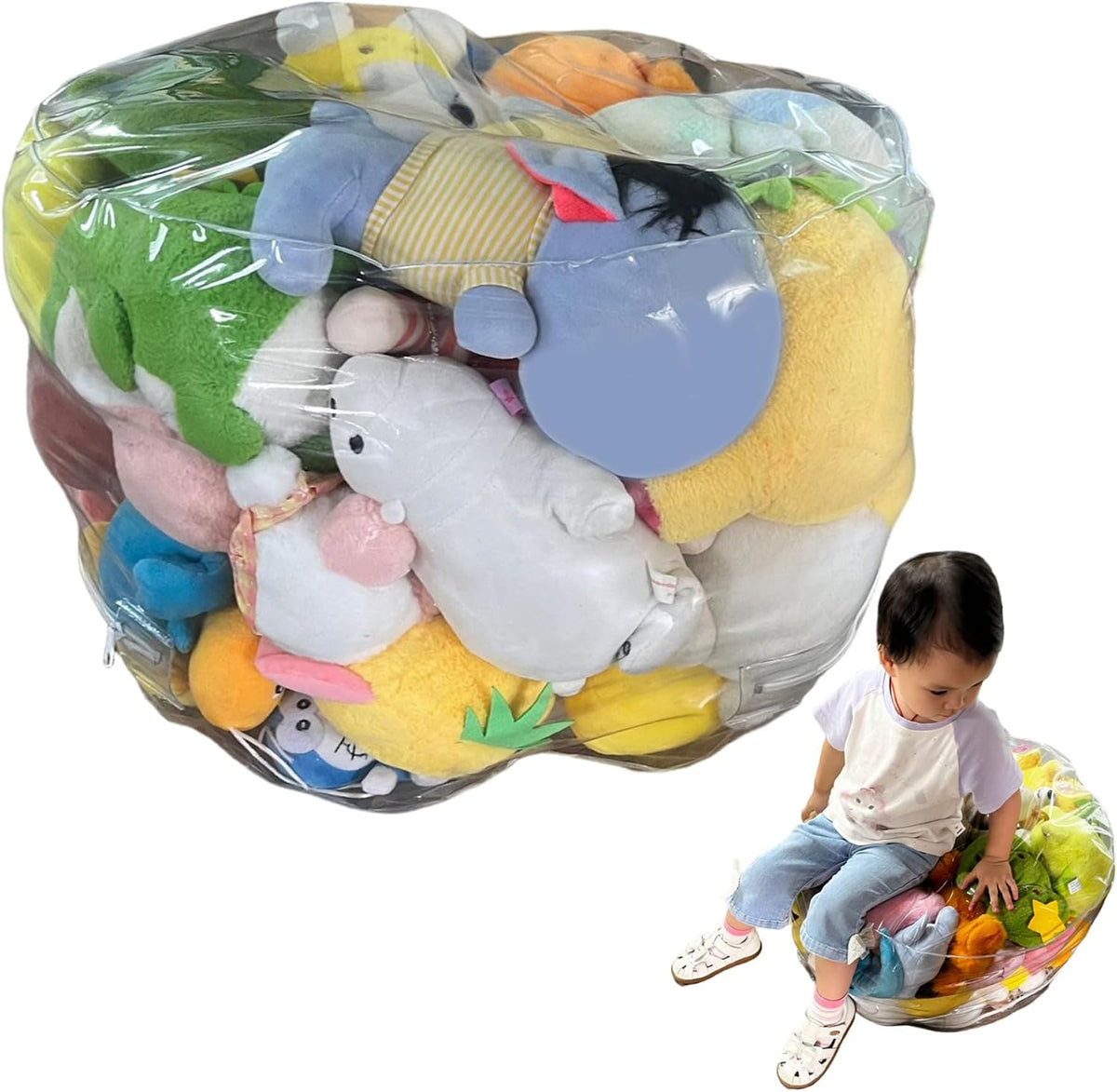 Bean Bag Stuffed Animal Storage Waterproof PVC Clear Bean Bag with Zipper Stuffable for Kids Toddler Chair Toy Storage and Room Organization