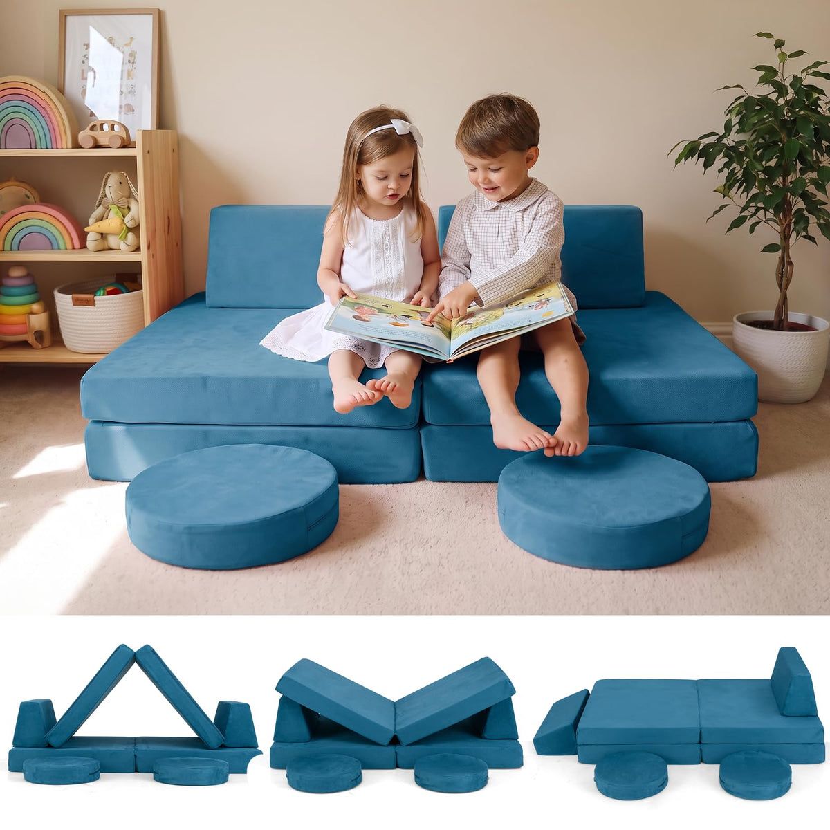 INFANS Modular Kids Play Couch, 6 PCS Toddler Creative Sectional Fort Building Sofa for Playroom, Bedroom, Children Convertible Soft Foam Furniture Playset and Floor Cushion for Boys and Girls
