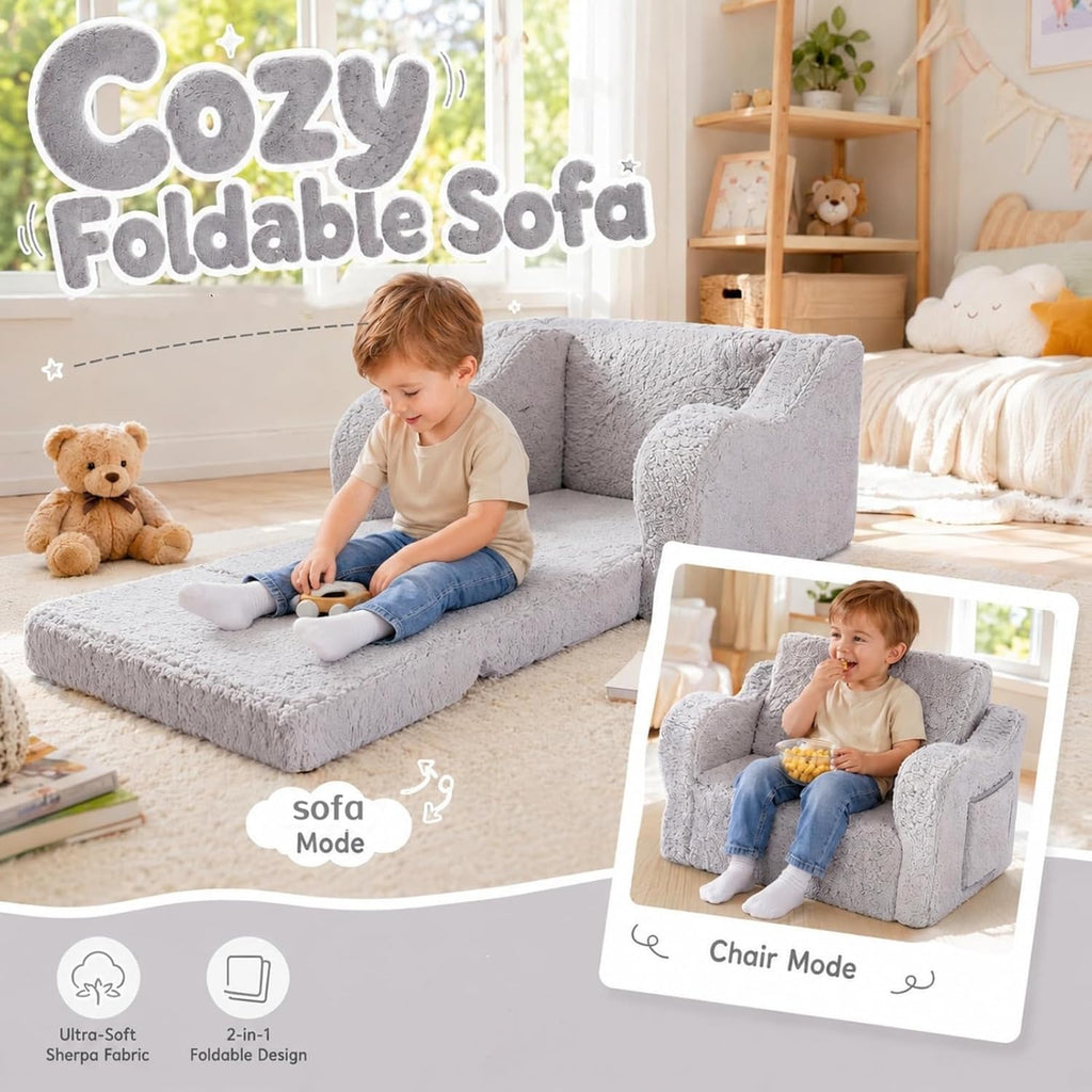 MOMCAYWEX Kids Sofa Chair, 2-in-1 Foldable Couch, Sherpa, Grey
