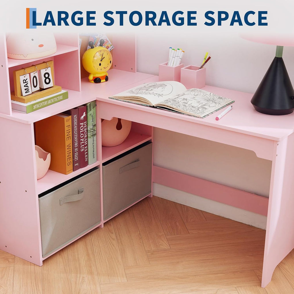 IDEALHOUSE Space-Saving L-Shaped Kids Desk and Chair Set,Pink