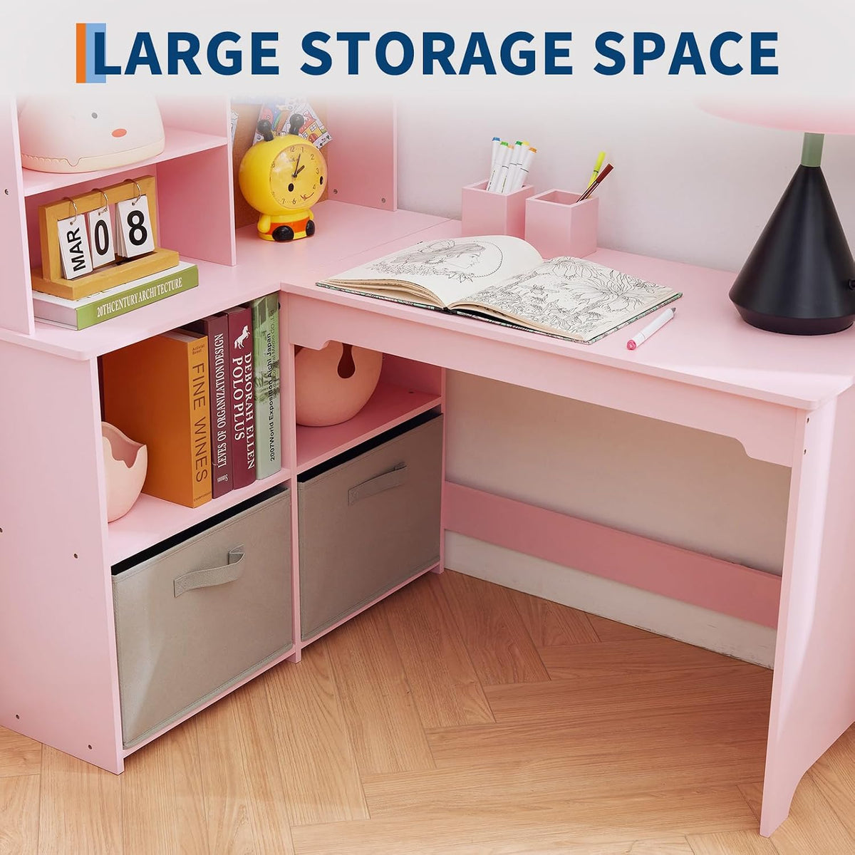 IDEALHOUSE Space-Saving L-Shaped Kids Desk and Chair Set,Pink